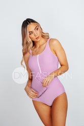 Lavender Zipper Open Back Textured One Piece swimsuit